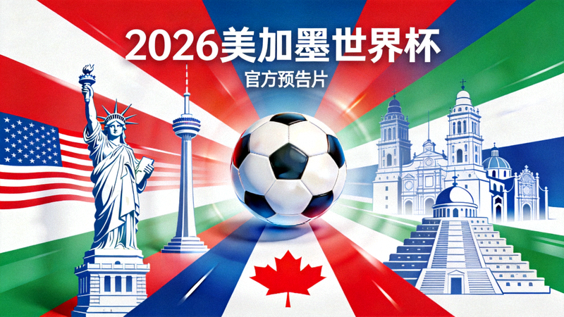 2026美加墨世界杯官方预告片封面，三国标志性建筑与足球结合