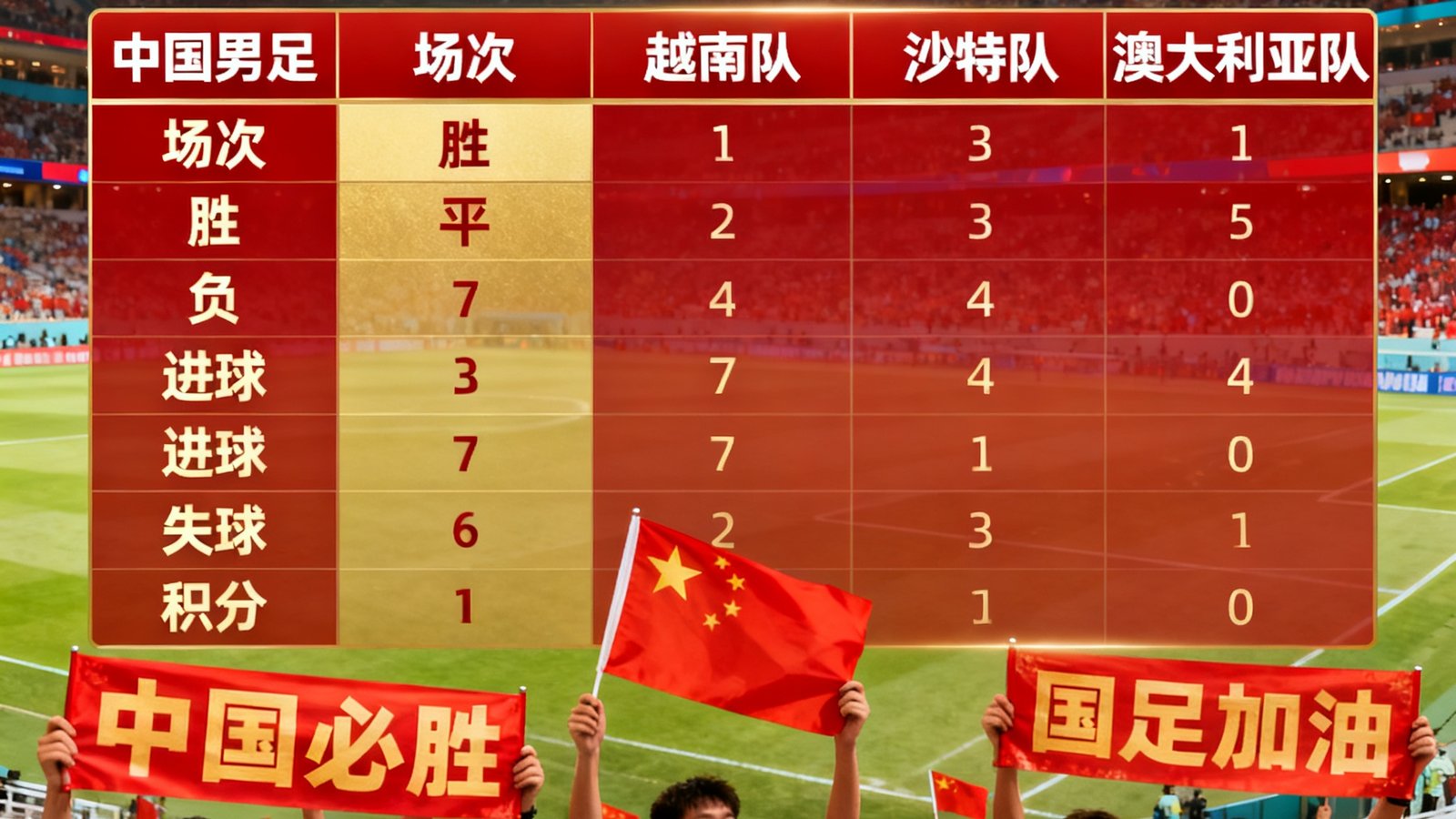 中国男足小组赛积分形势图，球迷欢呼