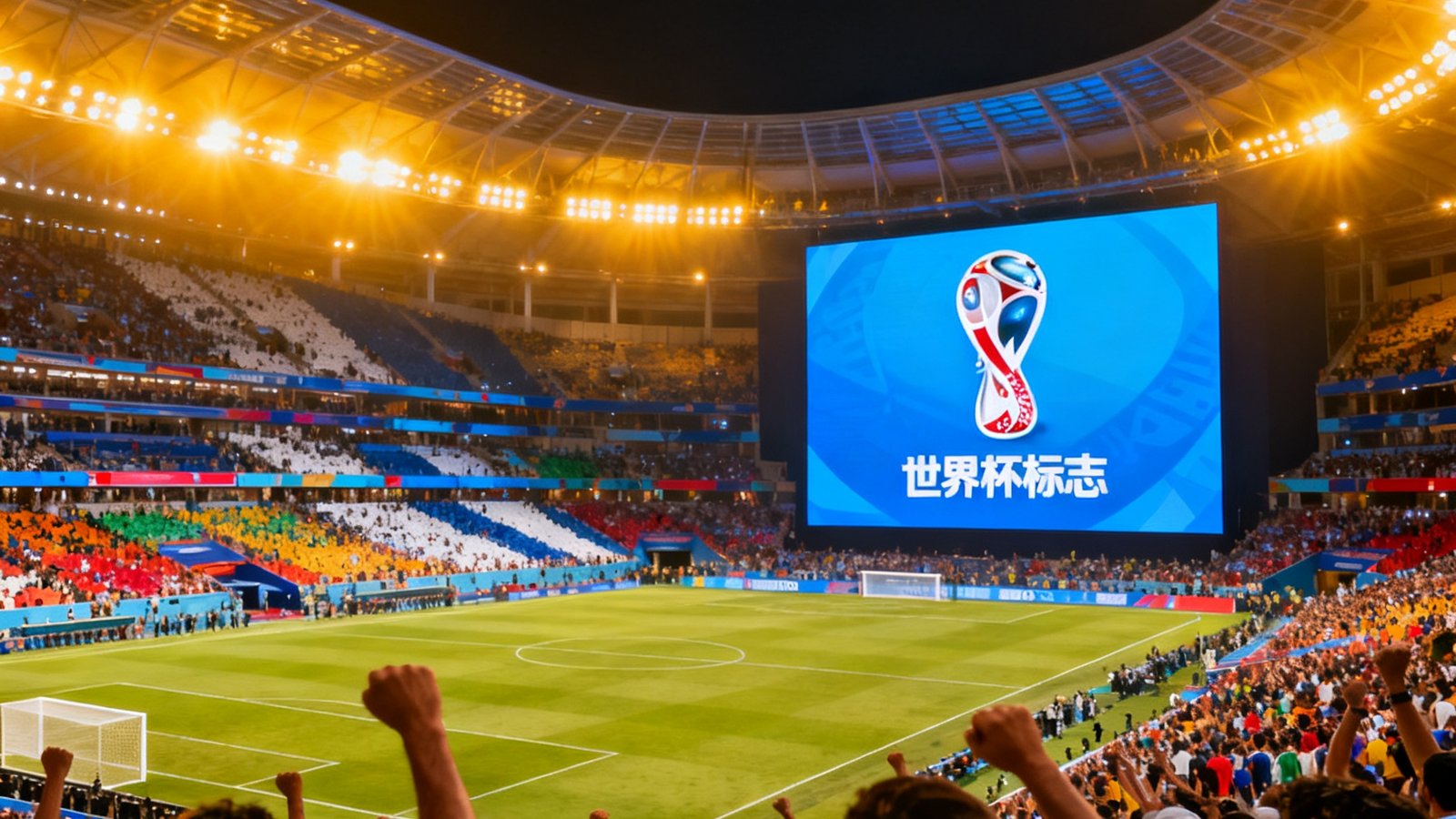 2026年美加墨世界杯官方直播画面：巨大的体育场灯光璀璨，球迷欢呼，大屏幕显示世界杯标志